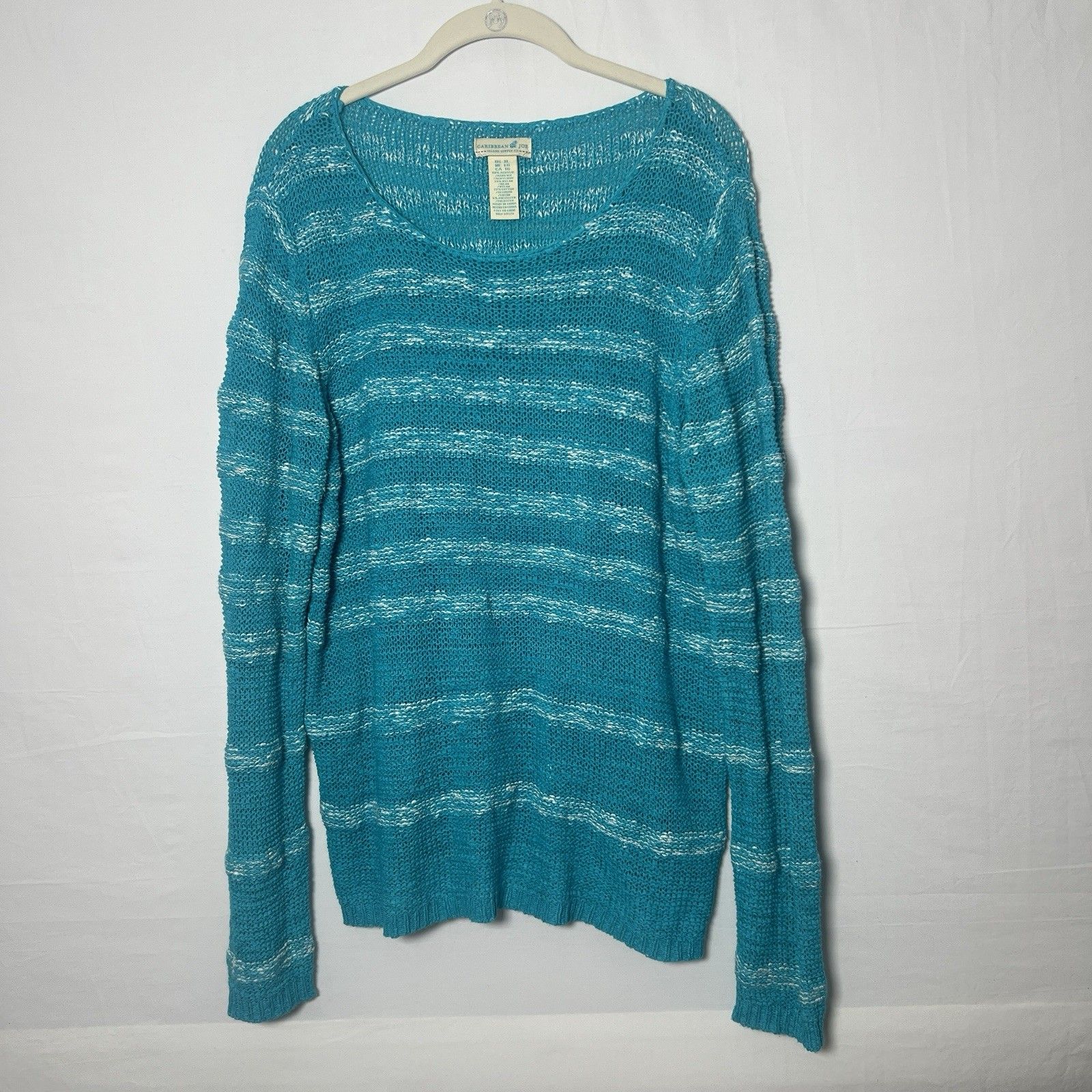 Caribbean Joe Striped Loose Knit Mesh Island Sweater Teal Xl Resort Vacation